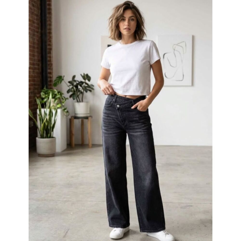 New Commense High-Waist Asymmetric Wide Leg Baggy Jeans Women's Size Medium